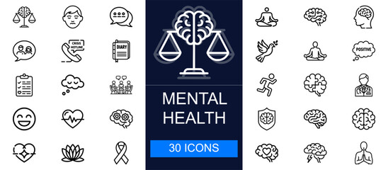 Mental health icon set. Wellness, emotions, therapy, mindfulness, positivity, counseling, stress relief, awareness and more. Thin line vector icons for psychology, support and emotional wellbeing.