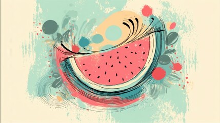 A vibrant, artistic representation of a watermelon slice surrounded by colorful abstract shapes and patterns, abstract food arts background