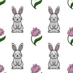 Adorable vector seamless pattern featuring cute cartoon bunnies and delicate pink tulips, perfect for spring-themed designs.