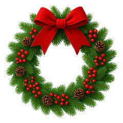 Christmas Wreath- decorated with berries, pinecones and red bow on transparent background PNG