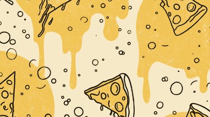 A whimsical pattern featuring cheese dripping and pizza slices on a light background, evoking a fun and playful culinary theme, abstract food arts background