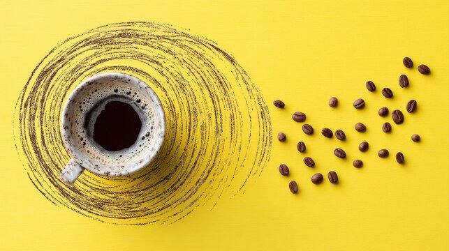 A coffee cup sits on a vibrant yellow background, surrounded by swirling chalk-like patterns and scattered coffee beans, a lively and artistic composition, abstract food arts background