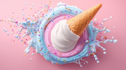 A colorful ice cream cone with swirls of creamy soft serve, surrounded by a splash of pastel colors and vibrant sprinkles, set against a pink background, abstract food arts background