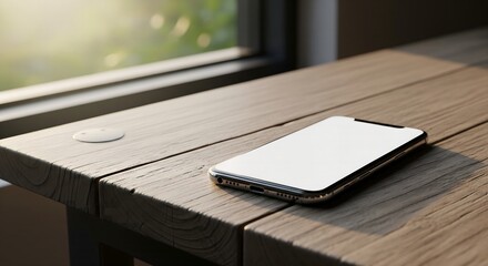 Modern Smartphone with Blank Screen on Rustic Wooden Table in Sunlight