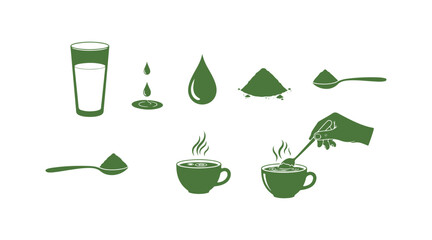 Set of silhouette icons. Instructions for preparing cocoa with milk. Directions for making a chocolate drink mix. Items needed: cup, a drop, dry powder, spoon, thermometer, and a hot jet of steam.