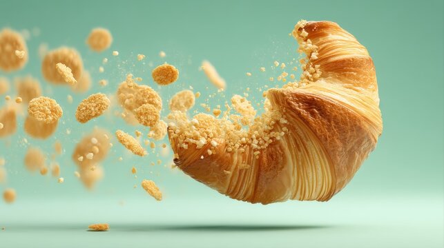 Naklejki A floating croissant surrounded by flying crumbs, capturing a whimsical and appetizing moment, abstract food arts background
