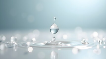 Close up of a water droplet suspended in air above a surface with ripples and other droplets