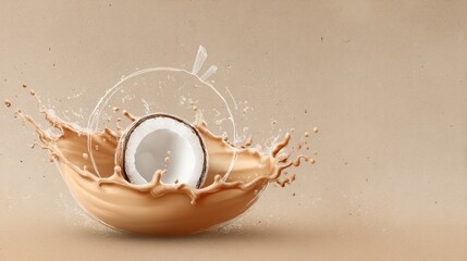 A visually striking image a coconut splashing into a creamy liquid, dynamic droplets and a smooth, earthy background, abstract food arts background