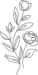 Hand-drawn floral vector illustration of a rose flower and leaf branch sketch