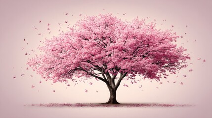 Obraz premium Lush flowering tree sheds abundant pink petals against a pale background