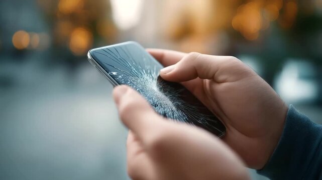 Broken phone screen closeup with defocused background, faceless damage detail, cracked visualization, blurred setting, screen concept, mobile interface, repair display, damaged sce