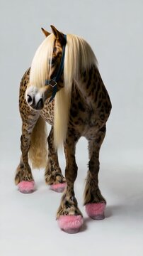 Pony with leopard print fur coat and long blonde mane wearing blue halter standing against gray background exotic animal breeds unique equine fashion creative photography