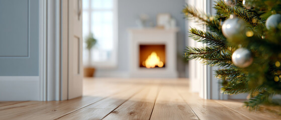 A Christmas tree with ornaments and a fireplace in the background