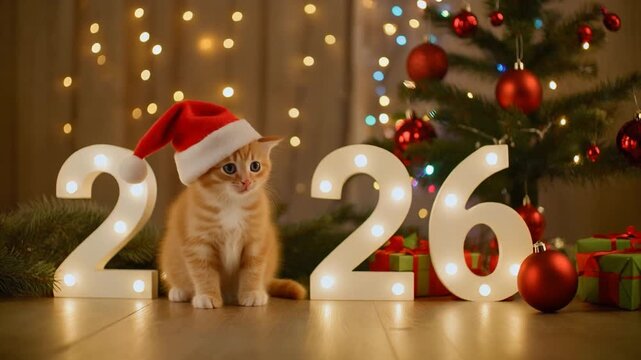 A cute orange kitten wearing a Santa hat sits in front of glowing &ldquo;2026&rdquo; numbers surrounded by Christmas decorations.