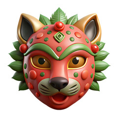 Fototapeta premium Vibrant, stylized jaguar mask with decorative elements. A festive, colorful design against a neutral background.