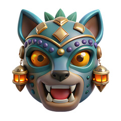 Fototapeta premium Stylized jaguar mask with ornate details, gleaming eyes, and hanging lanterns on a teal backdrop.