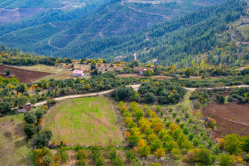 An autumn landscape decorated with yellow, red, and orange leaves in Burdur Bucak. The road to the ancient city of Kremna and the scenery in the autumn atmosphere.