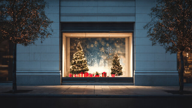 Storefront Christmas display, two illuminated trees, red gifts. Sparkles in window, festive urban scene at night, holiday cheer.