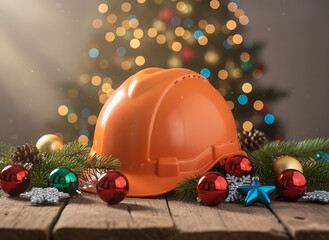 orange construction helmet and christmas ornaments decorating a wooden table with a pine tree celebrating amidst a bokeh of festive lights banner copy space, *Construction-themed Holiday Celebration