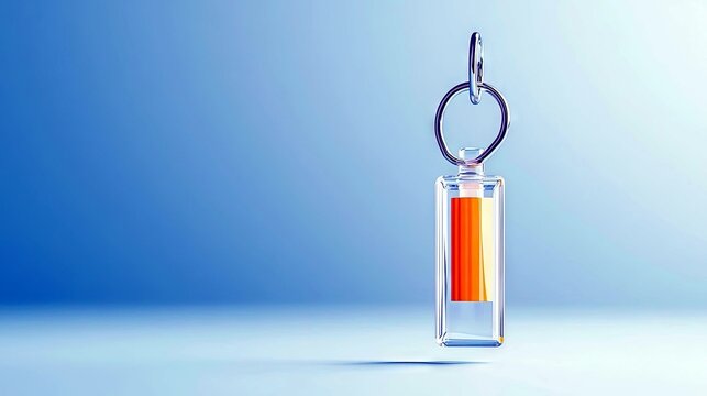 A clear glass keychain with a rectangular shape, containing orange and yellow liquid, hangs from a metal ring against a soft blue background.