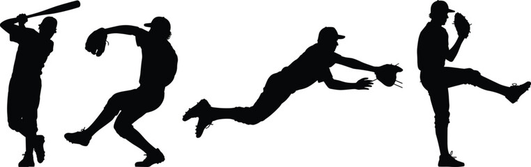 Baseball player silhouette vector set, batting, pitching, catching, dynamic action, sport, game, athletic movement, professional athlete.
