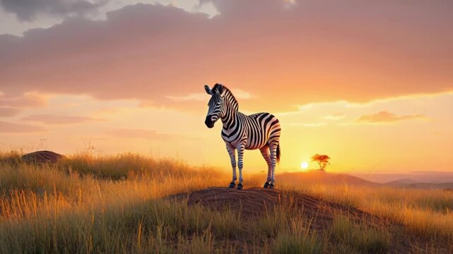 Zebra standing on a hill at sunset in the african savanna with a lone tree in background view zebra video