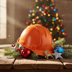 orange construction helmet and christmas ornaments decorating a wooden table with a pine tree celebrating amidst a bokeh of festive lights banner copy space, *Construction-themed Holiday Celebration
