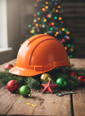 orange construction helmet and christmas ornaments decorating a wooden table with a pine tree celebrating amidst a bokeh of festive lights banner copy space, *Construction-themed Holiday Celebration