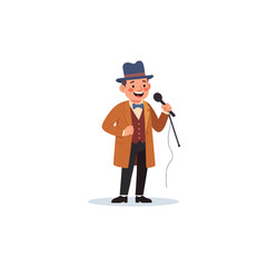 Joyful Cartoon Character Performing with Microphone in Period Costume Embodying Vintage Musical