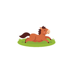 Joyful cartoon horse prancing playfully across a vibrant green meadow illustration perfect for