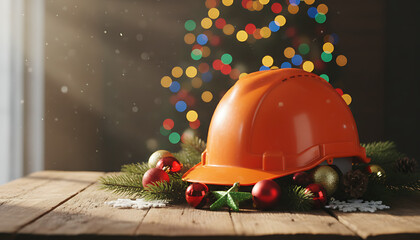 orange construction helmet and christmas ornaments decorating a wooden table with a pine tree celebrating amidst a bokeh of festive lights banner copy space, *Construction-themed Holiday Celebration