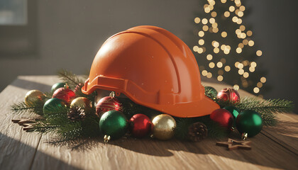 orange construction helmet and christmas ornaments decorating a wooden table with a pine tree celebrating amidst a bokeh of festive lights banner copy space, *Construction-themed Holiday Celebration