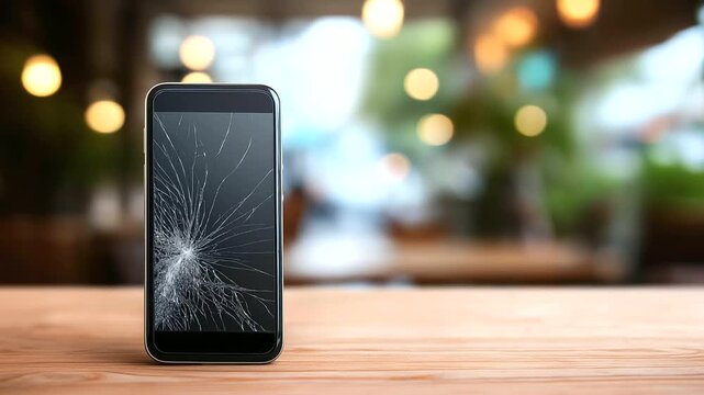 Broken screen phone with defocused background, faceless device damage, cracked visualization detail, blurred setting, screen concept, mobile interface, repair display, damaged scen