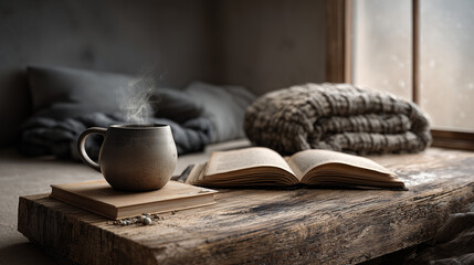 Steaming ceramic mug on closed book beside open book, rustic wooden coffee table and chunky knit blanket by frosted window in calm winter bedroom