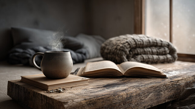 Steaming ceramic mug on closed book beside open book, rustic wooden coffee table and chunky knit blanket by frosted window in calm winter bedroom