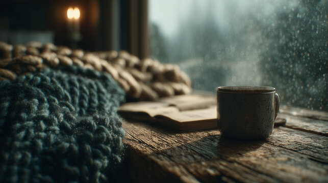 Low angle view of ceramic mug, open book and knit blanket on rustic wooden table by rainy window with candle light in cozy evening cabin