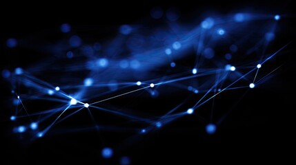 Glowing blue nodes and connections form an abstract digital network structure against a dark background