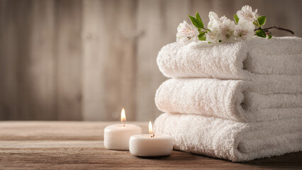 A stack of clean white towels adorned with fresh flowers and two lit candles creates a serene, relaxing spa ambiance. Perfect for well-being.
