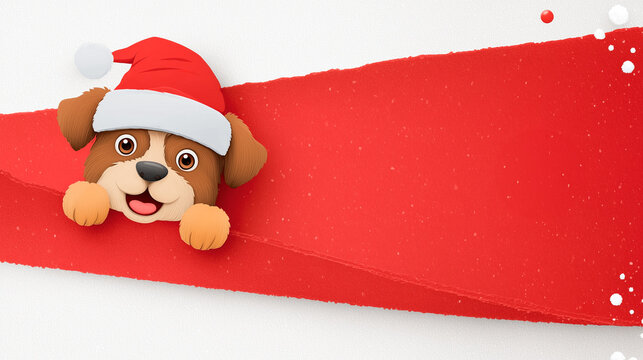 A cute puppy in a Santa hat peeks out from behind a red paper banner with space for text and Christmas advertising. Christmas dog background for pet products.
