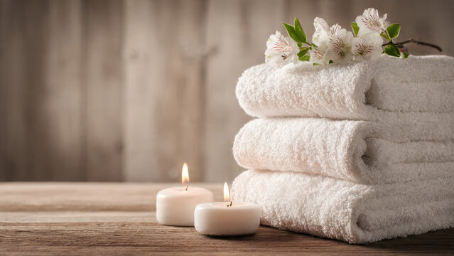 A stack of clean white towels adorned with fresh flowers and two lit candles creates a serene, relaxing spa ambiance. Perfect for well-being.