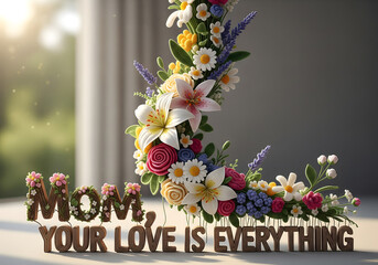 Crochet floral bouquet spiraling around “Mom, Your Love Is Everything,” 