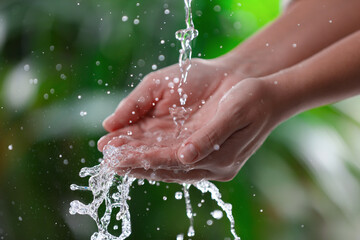 Fototapeta premium Woman splashing water on blurred green background, closeup