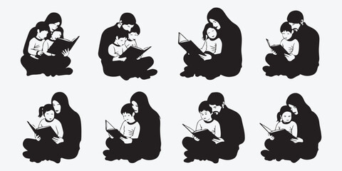 Obraz premium Parents and children reading together, family literacy learning