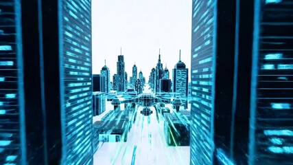 Futuristic cityscape with drone, digital lines. Blue, vibrant, geometric. Buildings light up. Perspective - Powered by Adobe