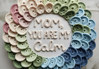 Soft crochet petals spiraling around “Mom, You Are My Calm”