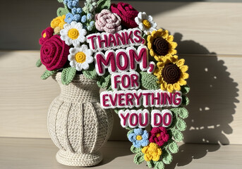  Crochet bouquet spilling out of a 3D vase with “Thanks, Mom, for Everything You Do”