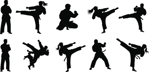 Martial arts karate silhouette vector set, male and female, high kick, dynamic fighting poses, combat training, self-defense, athletic sport.