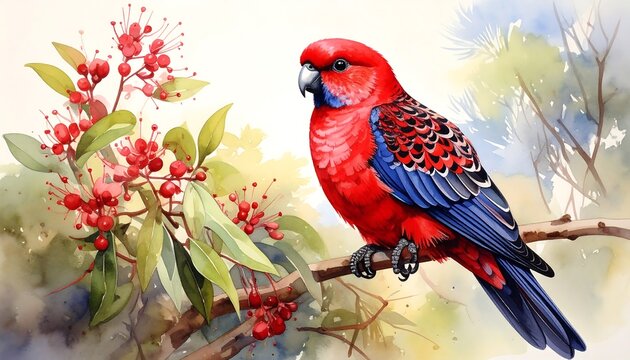 A vibrant watercolor painting depicts a red and blue parrot perched on a branch, adorned with red berries and green foliage - Powered by Adobe