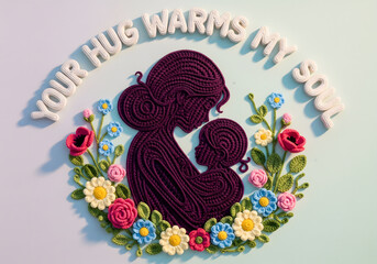 Crochet mother-child silhouette surrounded by flowers, quote “Your Hug Warms My Soul”