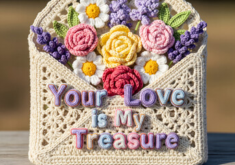 Open crochet envelope with flowers spilling out, quote “Your Love is My Treasure”